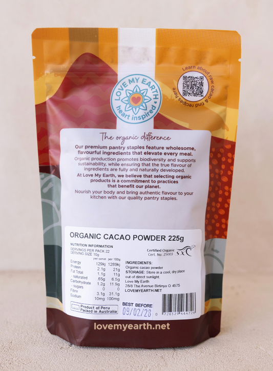 Package of organic cacao powder with Lovemyearth branding on a neutral background