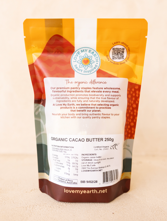 Organic cacao butter package with brand logo on a beige background
